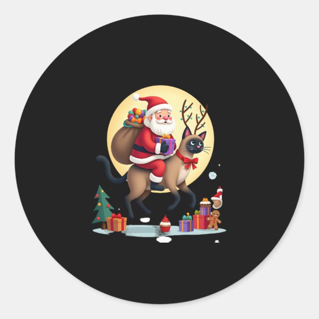 Santa Riding Reindeer Siamese Cat Christmas Tree L Classic Round Sticker (Front)