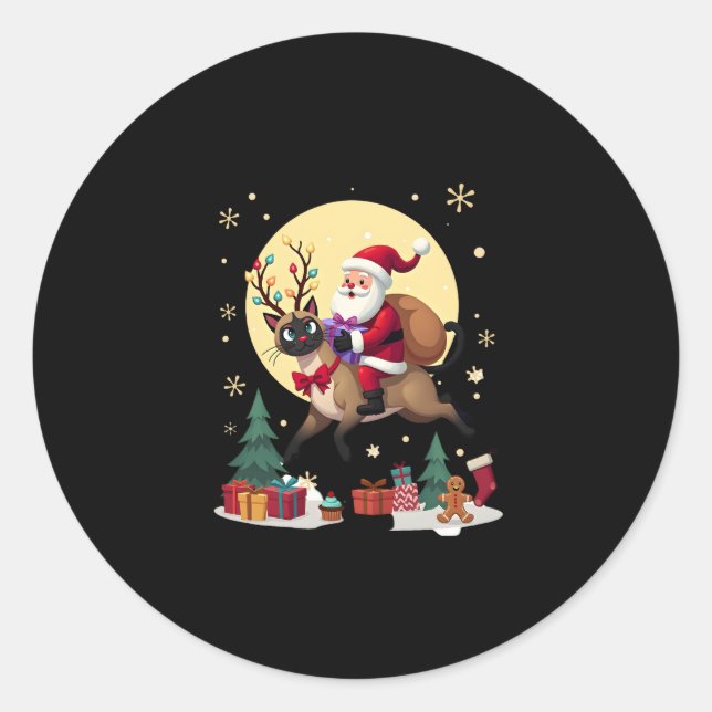 Santa Riding Reindeer Siamese Cat Christmas Tree L Classic Round Sticker (Front)