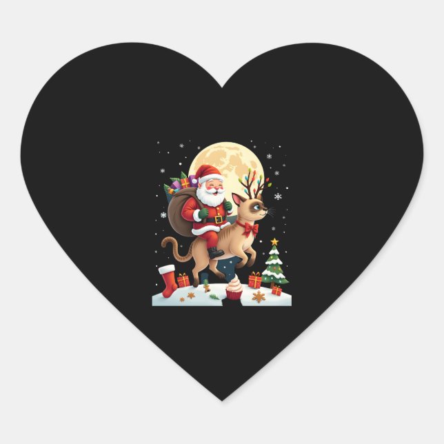 Santa Riding Reindeer Siamese Cat Christmas Tree L Heart Sticker (Front)