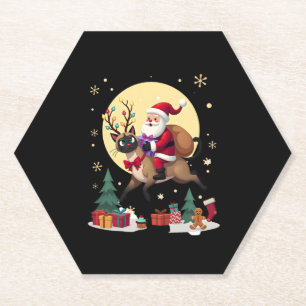 Santa Riding Reindeer Siamese Cat Christmas Tree L Paper Coaster