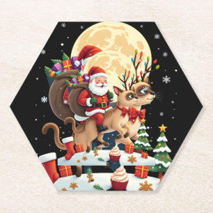 Santa Riding Reindeer Siamese Cat Christmas Tree L Paper Coaster