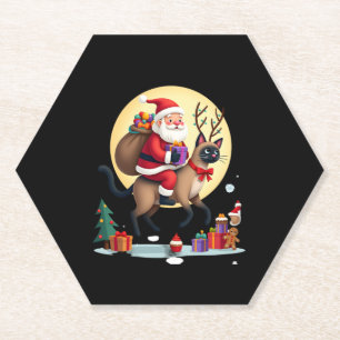 Santa Riding Reindeer Siamese Cat Christmas Tree L Paper Coaster