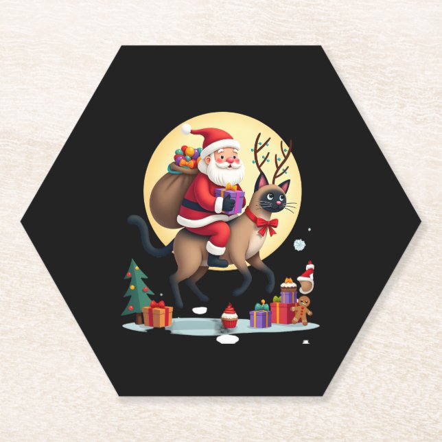 Santa Riding Reindeer Siamese Cat Christmas Tree L Paper Coaster (Front)