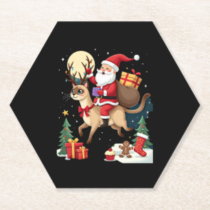 Santa Riding Reindeer Siamese Cat Christmas Tree L Paper Coaster