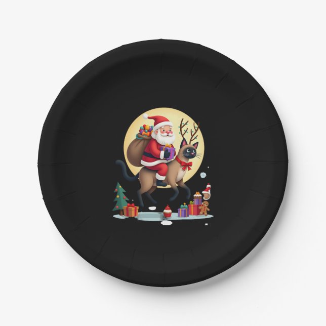 Santa Riding Reindeer Siamese Cat Christmas Tree L Paper Plate (Front)