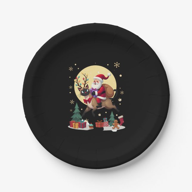 Santa Riding Reindeer Siamese Cat Christmas Tree L Paper Plate (Front)