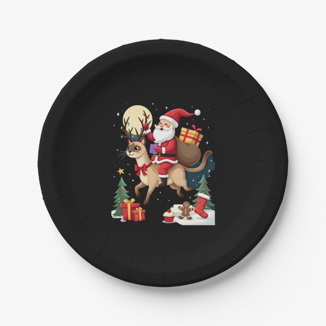 Santa Riding Reindeer Siamese Cat Christmas Tree L Paper Plate (Front)