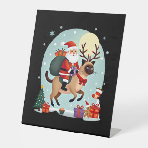 Santa Riding Reindeer Siamese Cat Christmas Tree L Pedestal Sign