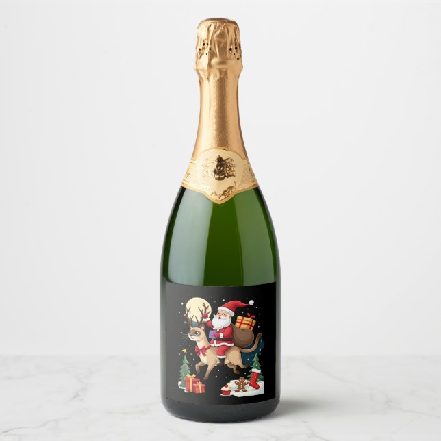 Santa Riding Reindeer Siamese Cat Christmas Tree L Sparkling Wine Label (Front)