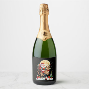Santa Riding Reindeer Siamese Cat Christmas Tree L Sparkling Wine Label