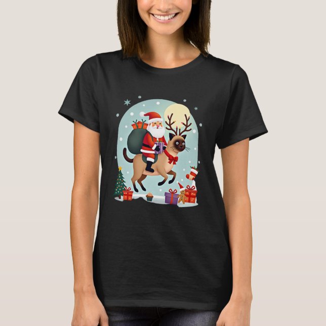Santa Riding Reindeer Siamese Cat Christmas Tree L T-Shirt (Front)