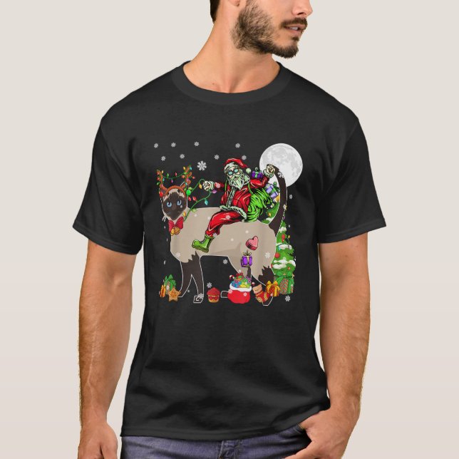 Santa Riding Reindeer Siamese Cat Christmas Tree L T-Shirt (Front)