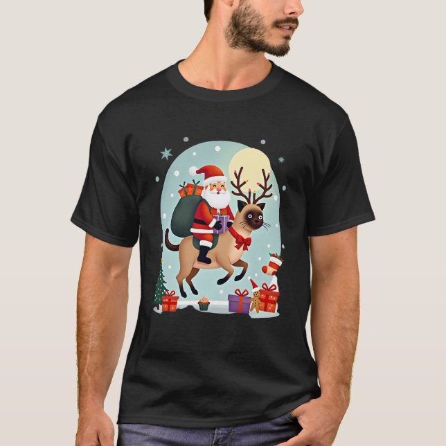 Santa Riding Reindeer Siamese Cat Christmas Tree L T-Shirt (Front)