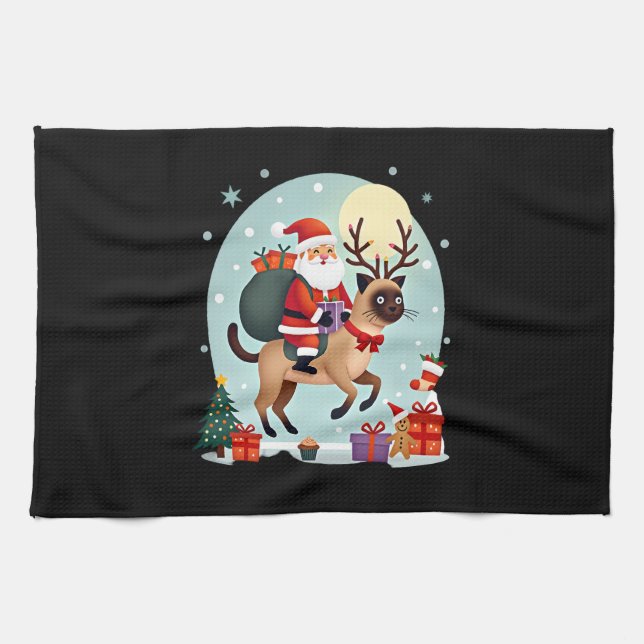 Santa Riding Reindeer Siamese Cat Christmas Tree L Tea Towel (Horizontal)