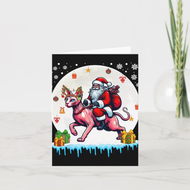 Santa Riding Reindeer Sphynx Cat Christmas Owner K Card (Front)
