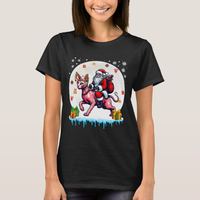 Santa Riding Reindeer Sphynx Cat Christmas Owner K T-Shirt (Front)