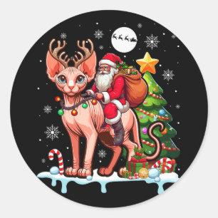 Santa Riding Reindeer Sphynx Cat Xmas Tree Colorfu Classic Round Sticker