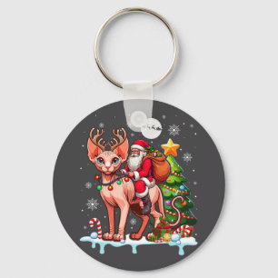 Santa Riding Reindeer Sphynx Cat Xmas Tree Colorfu Key Ring