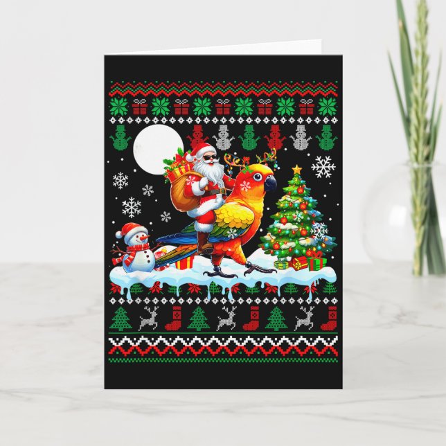 Santa Riding Reindeer Sun Conure Sweater Xmas Tree Card (Front)