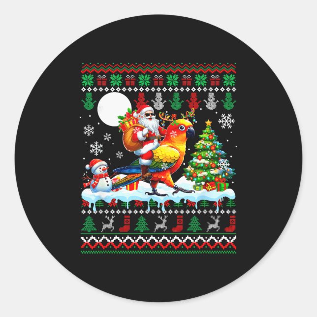 Santa Riding Reindeer Sun Conure Sweater Xmas Tree Classic Round Sticker (Front)