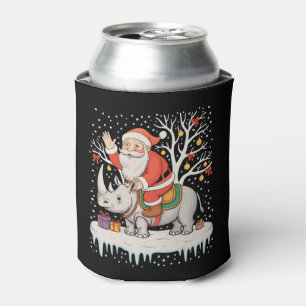 Santa Riding Rhinoceros Snow Christmas Lights Xmas Can Cooler