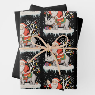 Santa Riding Rhinoceros Snow Christmas Lights Xmas Wrapping Paper Sheet