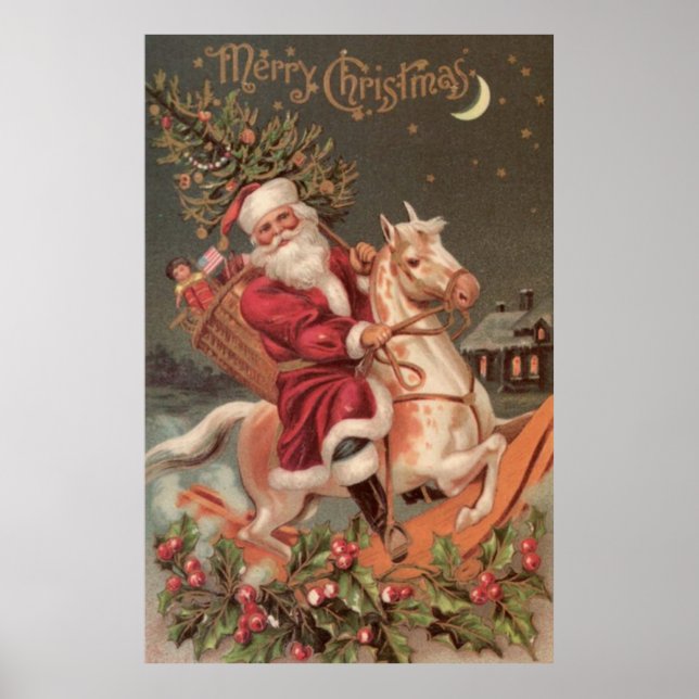 santa riding rocking horse vintage art poster (Front)