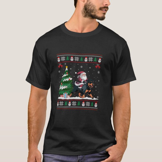Santa Riding Rottweiler Dog Tree Lighting Christma T-Shirt (Front)