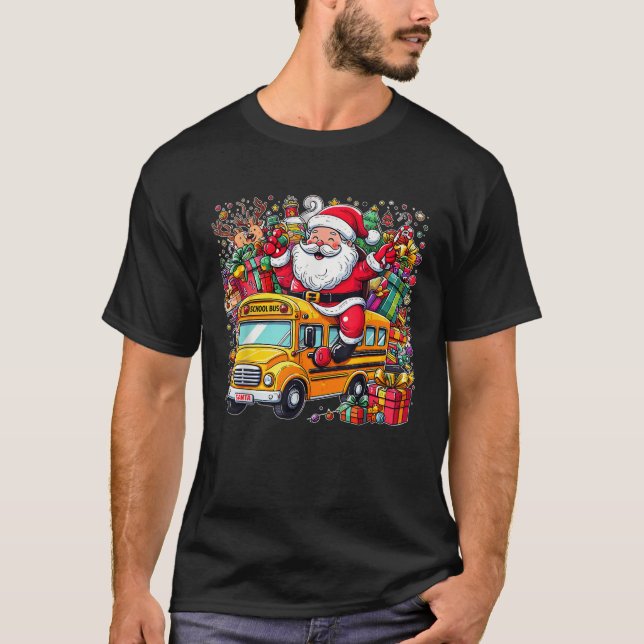 Santa Riding School Bus Driver Kids Funny Christma T-Shirt (Front)