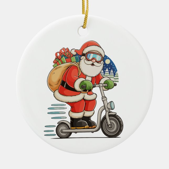 Santa Riding Scooter Christmas Matching Family Ceramic Tree Decoration (Front)
