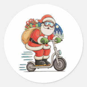 Santa Riding Scooter Christmas Matching Family Classic Round Sticker