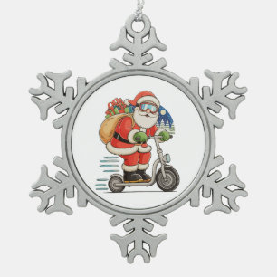 Santa Riding Scooter Christmas Matching Family Snowflake Pewter Christmas Ornament