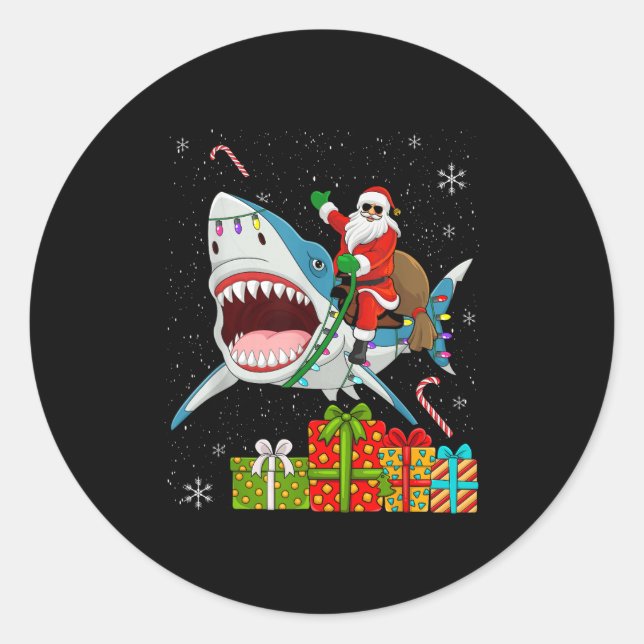 Santa Riding Shark Christmas Pajama Cute Ocean Ani Classic Round Sticker (Front)