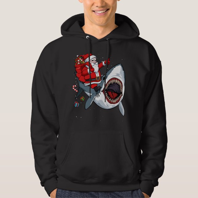 Santa Riding Shark Christmas Pajama Cute Ocean Ani Hoodie (Front)