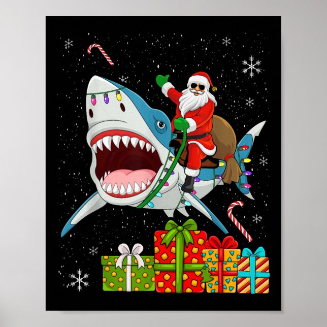 Santa Riding Shark Christmas Pajama Cute Ocean Ani Poster (Front)