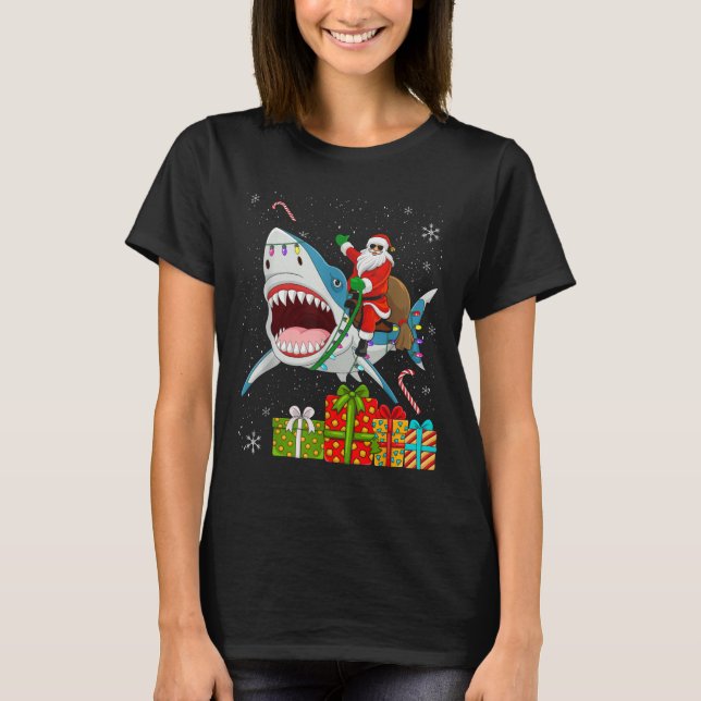 Santa Riding Shark Christmas Pajama Cute Ocean Ani T-Shirt (Front)