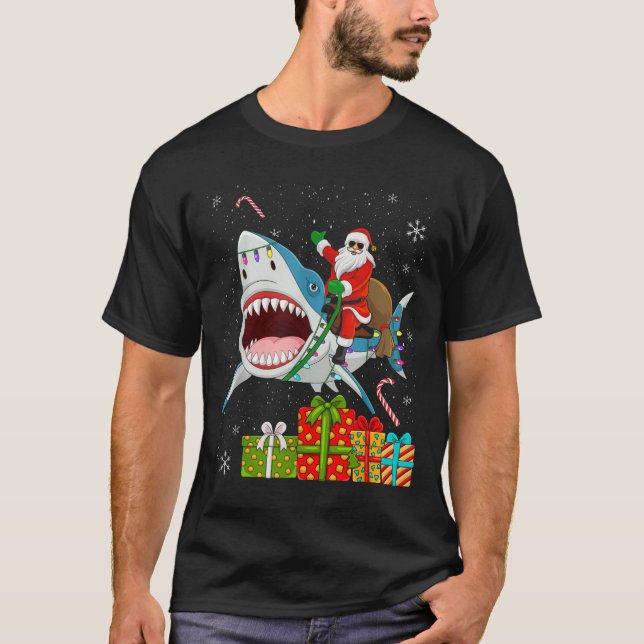 Santa Riding Shark Christmas Pajama Cute Ocean Ani T-Shirt (Front)