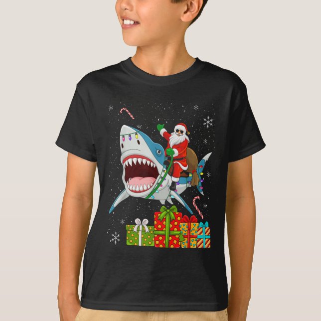 Santa Riding Shark Christmas Pajama Cute Ocean Ani T-Shirt (Front)