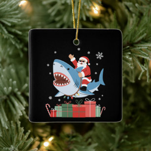 Santa Riding Shark Christmas Pajama Cute Ocean Ceramic Ornament