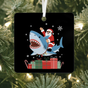 Santa Riding Shark Christmas Pajama Cute Ocean  Metal Tree Decoration