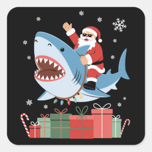 Santa Riding Shark Christmas Pajama Cute Ocean  Square Sticker