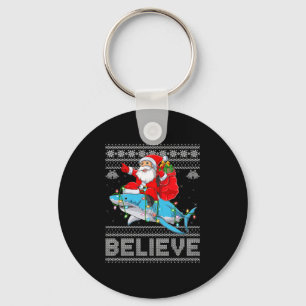 Santa Riding Shark Ugly Christmas Sweater Believe Key Ring