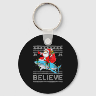 Santa Riding Shark Ugly Christmas Sweater Believe Key Ring