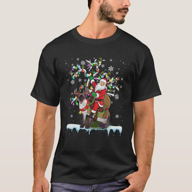 Santa Riding Siamese Cat Xmas Tree Santa Cat Lover T-Shirt (Front)
