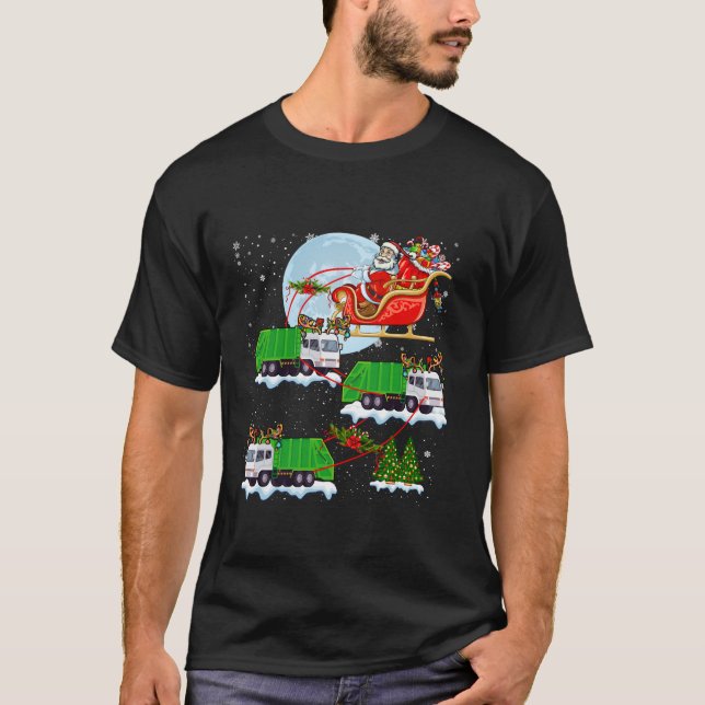 Santa Riding Sleigh Reindeer Garbage Truck Christm T-Shirt (Front)
