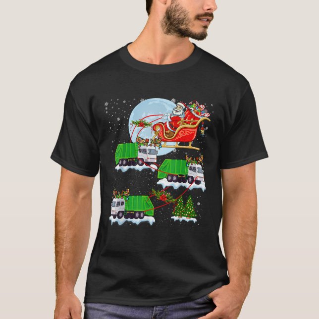 Santa Riding Sleigh Reindeer Garbage Truck Christm T-Shirt (Front)