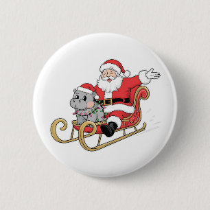 Santa Riding Sleigh with a Moo Deng Baby Hippo 6 Cm Round Badge