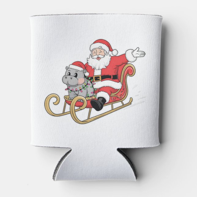 Santa Riding Sleigh with a Moo Deng Baby Hippo Can Cooler (Front)