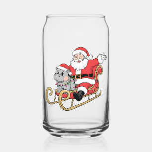 Santa Riding Sleigh with a Moo Deng Baby Hippo Can Glass