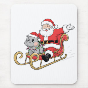 Santa Riding Sleigh with a Moo Deng Baby Hippo Mouse Mat